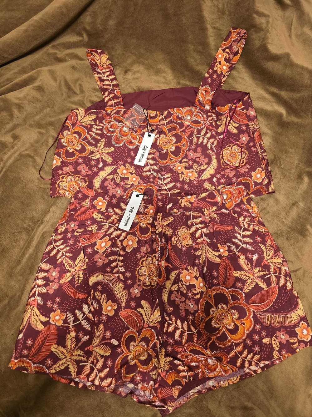 Floral Burgundy Two Piece with Orange Accents